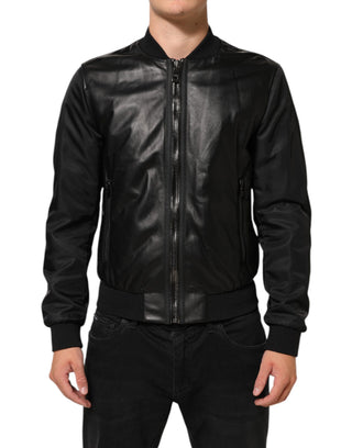 Schwarze Leder-Nylon-Blousonjacke mit Reißverschluss