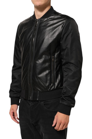 Schwarze Leder-Nylon-Blousonjacke mit Reißverschluss