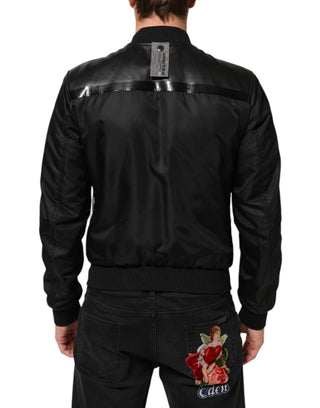 Schwarze Leder-Nylon-Blousonjacke mit Reißverschluss
