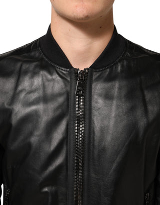Schwarze Leder-Nylon-Blousonjacke mit Reißverschluss
