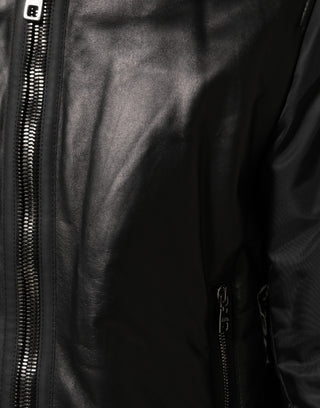 Schwarze Leder-Nylon-Blousonjacke mit Reißverschluss