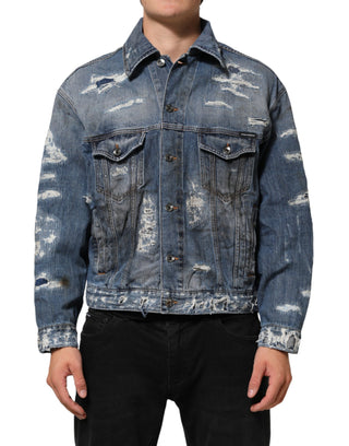 Blaue zerrissene Jeans-Blousonjacke aus Baumwolle
