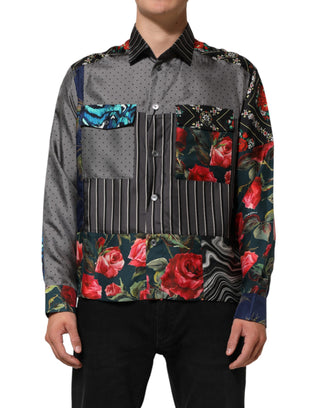 Camisa de seda multicolor con mangas largas y diseño patchwork
