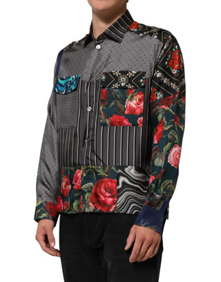 Camisa de seda multicolor con mangas largas y diseño patchwork