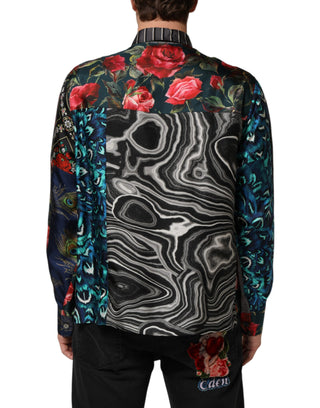 Camisa de seda multicolor con mangas largas y diseño patchwork