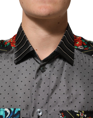 Camisa de seda multicolor con mangas largas y diseño patchwork