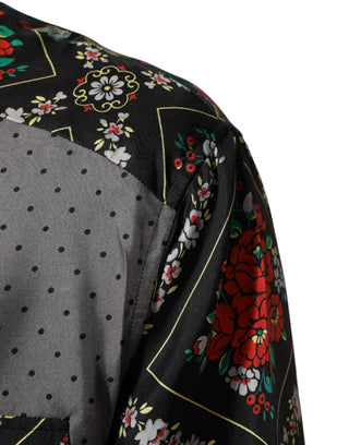 Camisa de seda multicolor con mangas largas y diseño patchwork