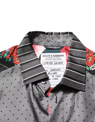 Camisa de seda multicolor con mangas largas y diseño patchwork