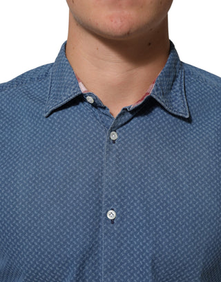 Blaues langärmliges Slim-Fit Freizeithemd aus Baumwolle mit Kragen
