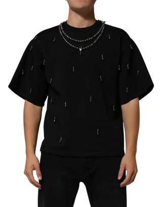 Schwarzes Polyester-T-Shirt mit Halskettenverzierung