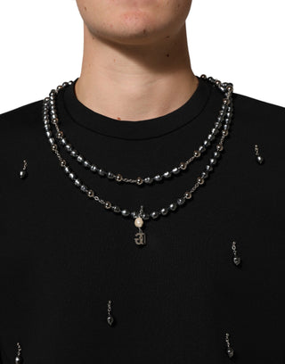 Schwarzes Polyester-T-Shirt mit Halskettenverzierung