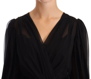 Schwarzes Seiden-Tüll-Kleid mit langen Ärmeln und V-Ausschnitt