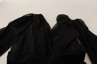 Schwarzes Seiden-Tüll-Kleid mit langen Ärmeln und V-Ausschnitt