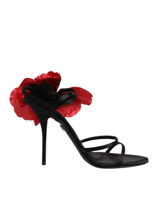 Sandalias de tacón con tiras y flores de cuero negro