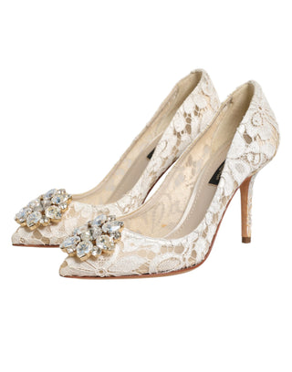 Weiße Taormina Pumps mit Kristallen und Spitze
