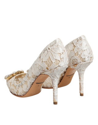 Weiße Taormina Pumps mit Kristallen und Spitze