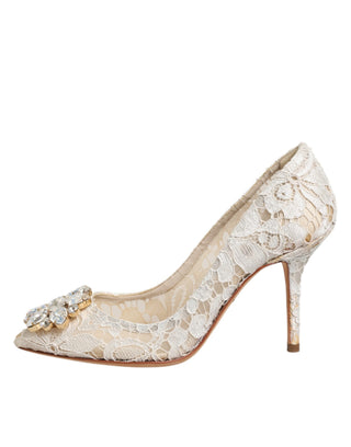 Weiße Taormina Pumps mit Kristallen und Spitze