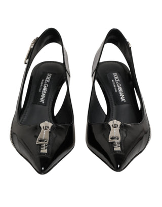 Schwarze Leder-Pumps mit Reißverschluss und Fersenriemen