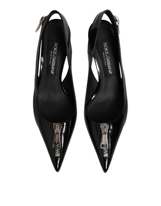 Schwarze Leder-Pumps mit Reißverschluss und Fersenriemen