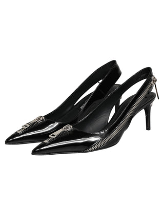 Schwarze Leder-Pumps mit Reißverschluss und Fersenriemen