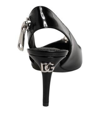 Schwarze Leder-Pumps mit Reißverschluss und Fersenriemen