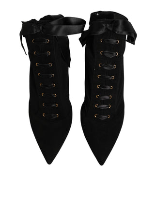 Schwarze Stöckelschuh-Schnürstiefeletten
