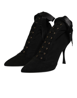 Schwarze Stöckelschuh-Schnürstiefeletten