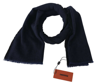 Dunkelblauer Unisex-Schal aus Wolle mit Fransen und Logo