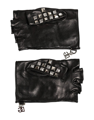 Schwarze Leder-Nieten-Halbfingerhandschuhe für Herren