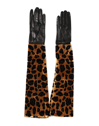 Braun Schwarz Leopard Leder Ellenbogenlange Fäustlinge