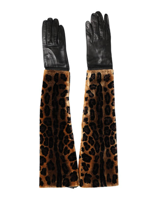 Braun Schwarz Leopard Leder Ellenbogenlange Fäustlinge