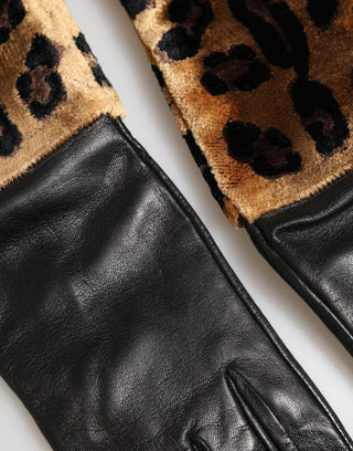 Braun Schwarz Leopard Leder Ellenbogenlange Fäustlinge