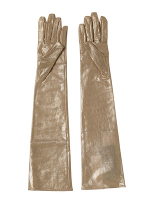 Beige Nylon Long Elbow Length Mitten Gloves