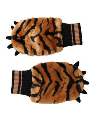 Guantes mitones de piel acrílica marrón con estampado de tigre, talla única, largos hasta la muñeca  