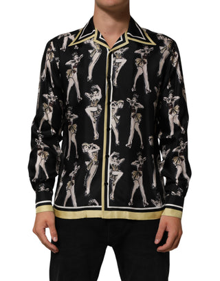 Camisa negra de seda con estampado Pin Up y botones  