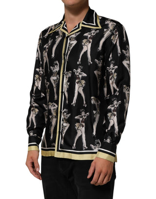 Camisa negra de seda con estampado Pin Up y botones  