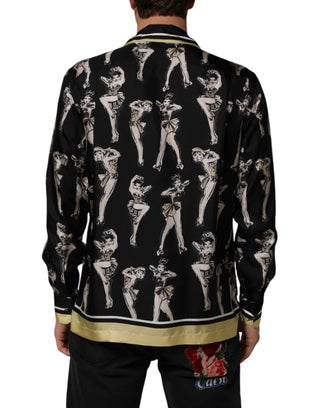 Camisa negra de seda con estampado Pin Up y botones  