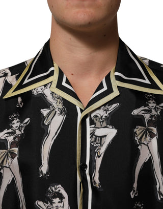 Camisa negra de seda con estampado Pin Up y botones  