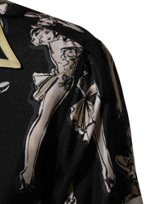 Camisa negra de seda con estampado Pin Up y botones  