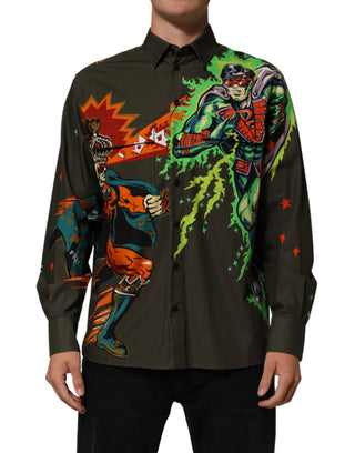 Camisa con estampado de superhéroe verde y botones  