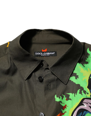 Camisa con estampado de superhéroe verde y botones  