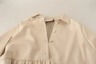 Leather Beige Long Sleeves Collared A-line Mini  Dress