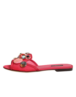 Rote verzierte flache Slip-On-Sandalen