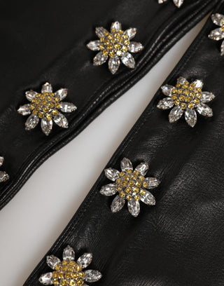 Black Leather Embellished Long Mitten Gloves
