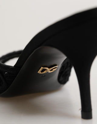 Black Embroidered Slip On Heels Slides Shoes