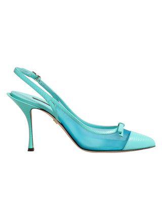 Blaue Leder-Mesh-Absätze Slingback-Schuhe