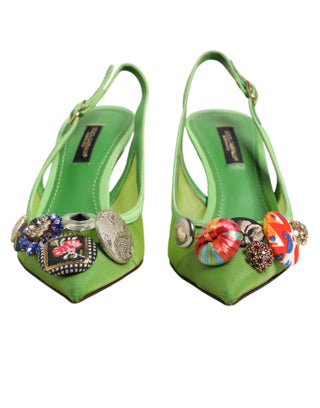 Green Embellished Heels Slingbacks Shoes