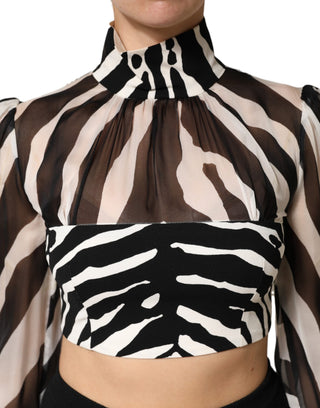 Zebra-Print Chiffon-Panel Crop Bluse Top
