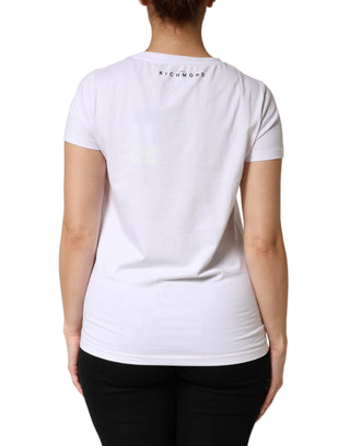 Weißes T-Shirt aus bedruckter Baumwollstretch mit Rundhalsausschnitt