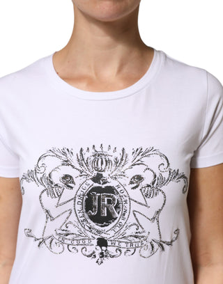 Weißes T-Shirt aus bedruckter Baumwollstretch mit Rundhalsausschnitt